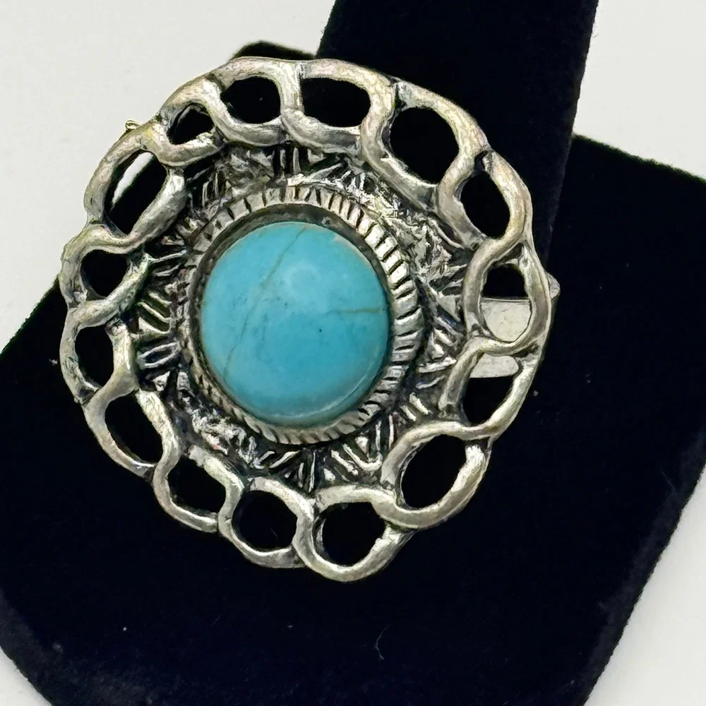 Vintage Silver Tone Faux Turquoise Adjustable Statement Ring Boho Southwestern